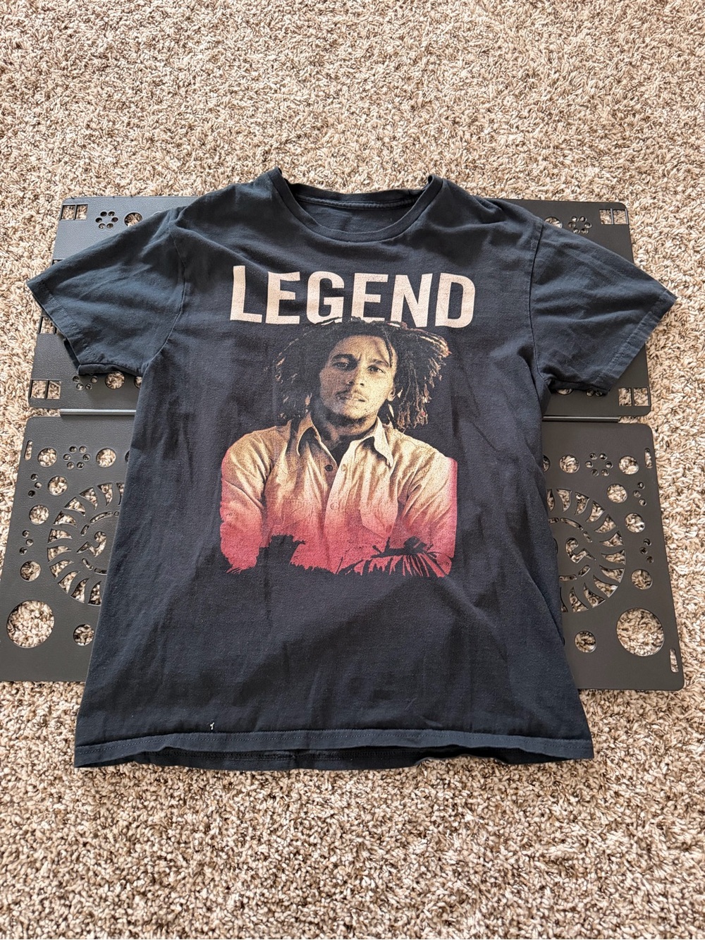 Gildan Black "LEGEND" Bob Marley Graphic Tee with Red/Orange Sunset Print